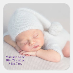 Sticker Carré Bébé Faire-part de naissance photo typographie fil