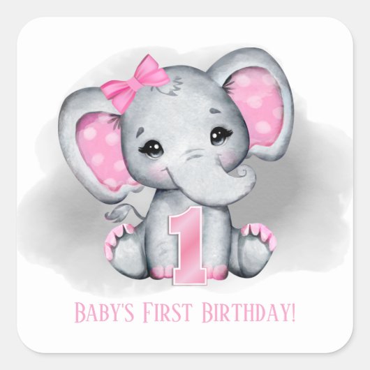 Sticker Carré bébé fille éléphant premier anniversaire ajouter l (Devant)