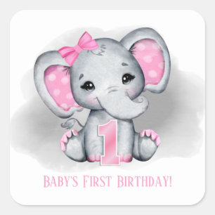 Sticker Carré bébé fille éléphant premier anniversaire ajouter l