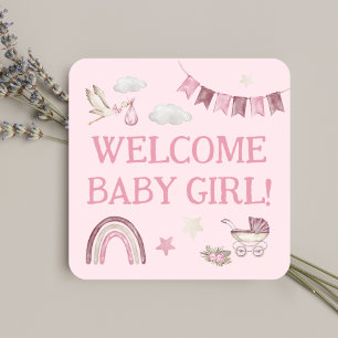 Sticker Carré Bébé Fille Rose Eau-Forte de la cigogne Mignonne