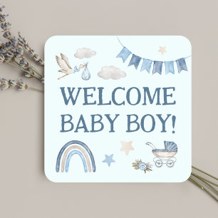 Sticker Carré Bébé Garçon Bleu À Bord Cute Stork Aquarelle