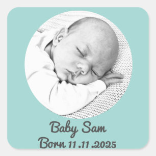 Sticker Carré bébé garçon faire-part de naissance photo et nom p