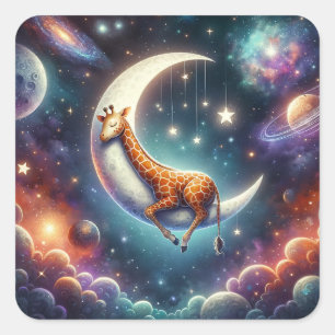 Sticker Carré Bébé girafe céleste dormant sur la lune et les éto