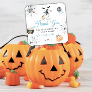 Sticker Carré Bébé Halloween Bleu Fête Prénatale Fantôme Citroui