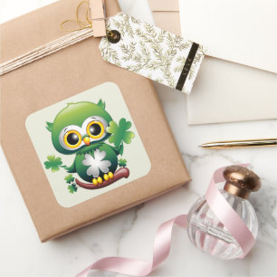 Sticker Carré Bébé Hibou Mignon St Patrick Dessin Animé