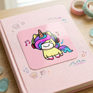 Sticker Carré Bébé licorne mignonne et heureuse Kawaii avec casq