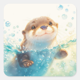Sticker Carré Bébé loutre mignon barbotant dans de l'eau bleue s