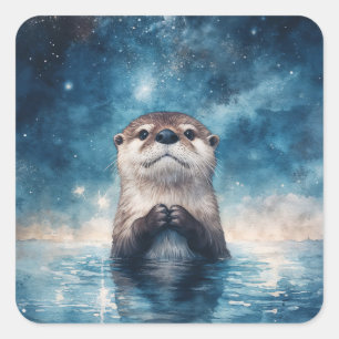 Sticker Carré Bébé loutre mignon contemplant le ciel nocturne ét