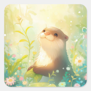 Sticker Carré Bébé loutre mignon dans une prairie ensoleillée av