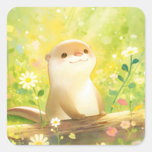 Sticker Carré Bébé loutre mignon debout derrière une bûche avec 