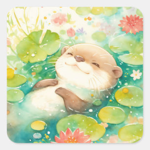 Sticker Carré Bébé loutre mignon flottant sur le dos dans un éta