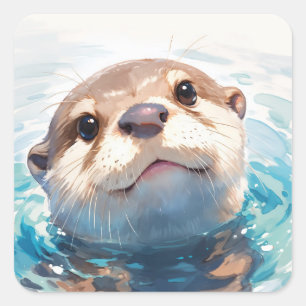 Sticker Carré Bébé loutre mignon nageant dans les ondulations de