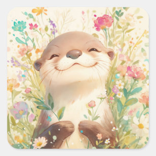 Sticker Carré Bébé loutre mignon souriant dans les fleurs de pra