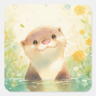Sticker Carré Bébé loutre mignon souriant dans un étang ensoleil