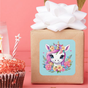 Sticker Carré Bébé magique licorne avec fleurs