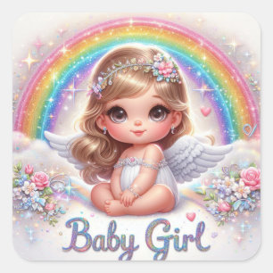 Sticker Carré Bébé mignon Angel fille avec arc-en-ciel et fleurs