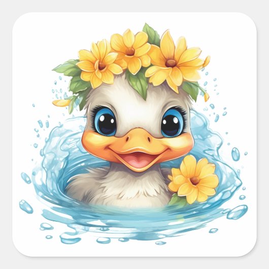 Sticker Carré Bébé mignon Canard Canards Fleurs d'animaux amusan (Devant)