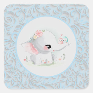 Sticker Carré Bébé mignon éléphant bleu garçon