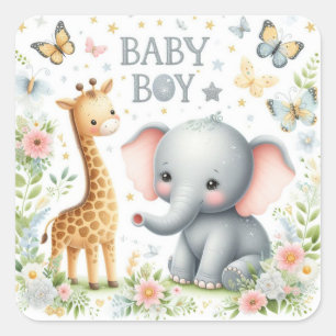 Sticker Carré Bébé mignon éléphant et girafe avec fleurs