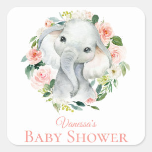 Sticker Carré Bébé mignon Eléphant rose Baby shower floral