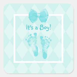 Sticker Carré Bébé mignon Empreintes Baby shower Bleu ruban