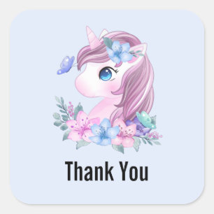 Sticker Carré Bébé mignon et magique Unicorn Merci d'aquarelle