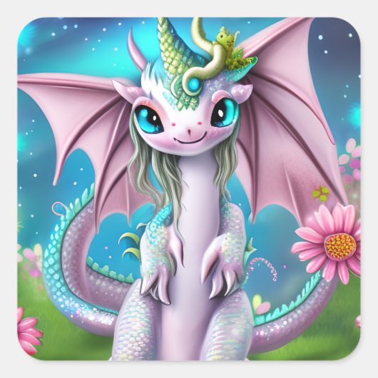 Sticker Carré Bébé mignon et souriant Dragon aux fleurs (Devant)