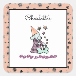 Sticker Carré Bébé mignon fille rose et noir élégant chien drôle