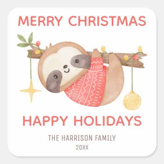 Sticker Carré Bébé mignon Sloth Joyeuses vacances Noël (Devant)