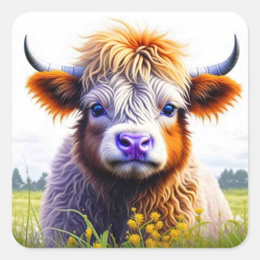 Sticker Carré Bébé mignon vache Highland en champ ou en fleurs (Devant)