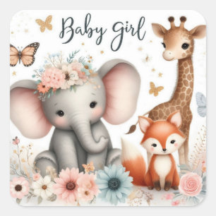 Sticker Carré Bébé mignonne Fille Bois Animaux avec Fleurs