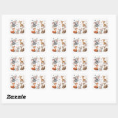 Sticker Carré Bébé mignonne Fille Bois Animaux avec Fleurs (Feuille)