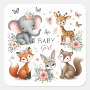 Sticker Carré Bébé mignonne Fille Bois Animaux avec Fleurs