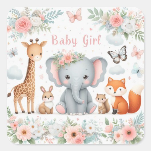 Sticker Carré Bébé mignonne Fille Bois Animaux avec Fleurs (Devant)
