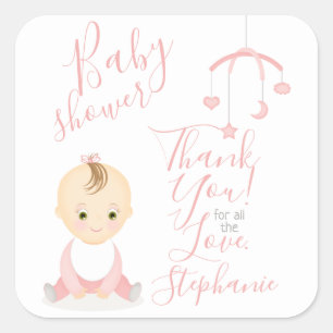 Sticker Carré Bébé mignonne fille et son Baby shower mobile