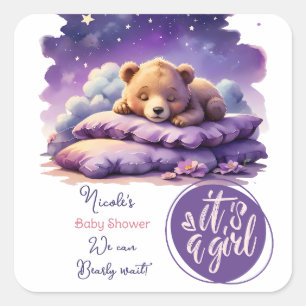 Sticker Carré Bébé ours dormant violet Galaxy Baby shower fille