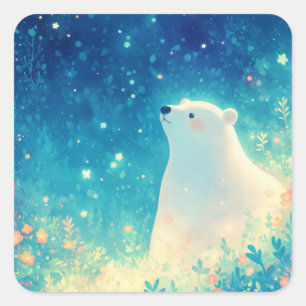 Sticker Carré Bébé Ours Polaire Mignon dans un Jardin Magique de