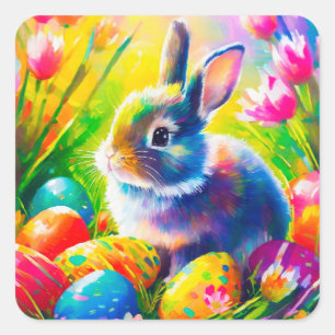 Sticker Carré Bébé Peinture lapin de Pâques-91451