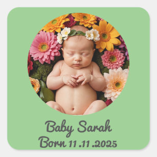 Sticker Carré bébé photo faire-part de naissance et nom personna