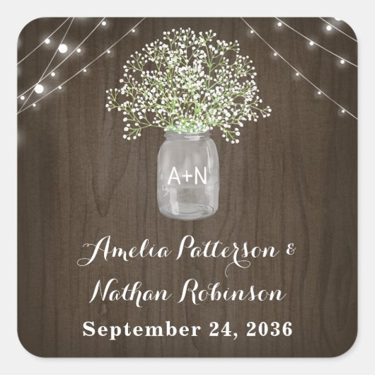 Sticker Carré Bébé Respiration Mason Jar Fée rustique Lumières M (Devant)