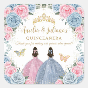 Sticker Carré Bébé rose Bleu Floral Princesses Twins Quinceañera