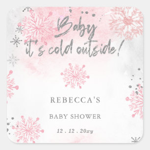 Sticker Carré Bébé Rose il fait froid dehors Bébé Shower d'hiver