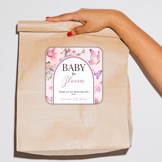 Sticker Carré Bébé rose papillon en fleur Baby shower fille