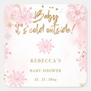 Sticker Carré Bébé rose son Baby shower d'hiver froid à l'extéri