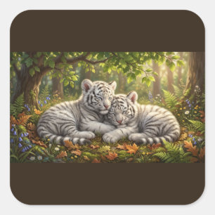 Sticker Carré Bébés Tigre Blanc – Sérénité Forestière