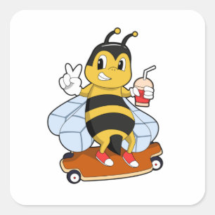 Sticker Carré Bee as Skater with Skateboard