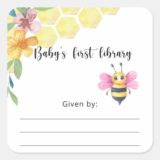 Sticker Carré Bee Baby Shower bookplate, books for baby (Devant)