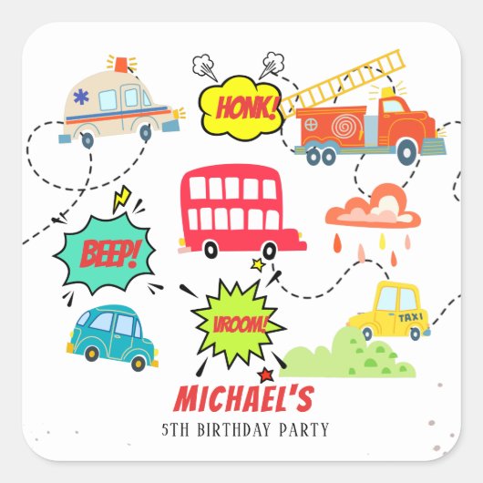 Sticker Carré Beep de Honk vroom véhicules heureux garçon annive (Devant)