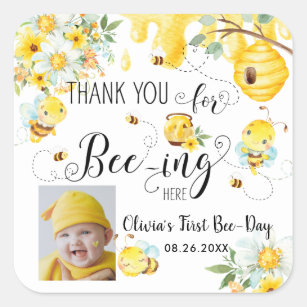 Sticker Carré Bees Bee Floral 1er Anniversaire Favoriser la phot