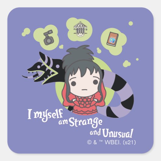 Sticker Carré Beetlejus | Chibi Lydia "Étrange et inhabituel" (Devant)